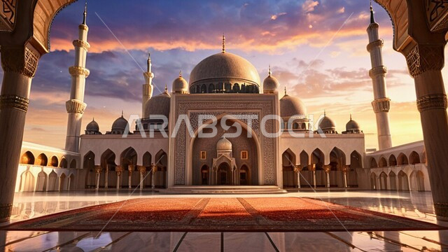 التصاميم والديكورات الهندسية الدينية المتميزة، مشهد السماء في وقت غروب الشمس، العبادة والتقرب إلى الله تعالى، قبب ومآذن المساجد على الطراز الاسلامي، نداء المسلمين لأداء الفرائض والصلوات