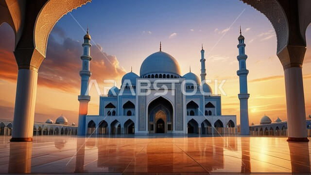 الديكورات والتصاميم الهندسية الدينية المتميزة، مشهد السماء في وقت غروب الشمس، العبادة والتقرب إلى الله تعالى، قبب ومآذن المساجد على الطراز الاسلامي، نداء المسلمين لأداء الفرائض والصلوات