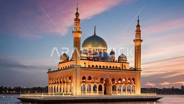 مشهد السماء في وقت غروب الشمس، العبادة والتقرب إلى الله تعالى، قبب ومآذن المساجد على الطراز الاسلامي، الديكورات والتصاميم الهندسية الدينية المتميزة، نداء المسلمين لأداء الفرائض والصلوات