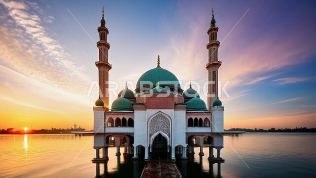 منظر السماء في وقت غروب الشمس، العبادة والتقرب إلى الله تعالى، قبب ومآذن المساجد على الطراز الاسلامي، الديكورات والتصاميم الهندسية الدينية المتميزة، نداء المسلمين لأداء الفرائض والصلوات