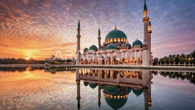 العبادة والتقرب إلى الله تعالى، قبب ومآذن المساجد على الطراز الاسلامي، منظر السماء في وقت غروب الشمس، الديكورات والتصاميم الهندسية الدينية المتميزة، نداء المسلمين لأداء الفرائض والصلوات