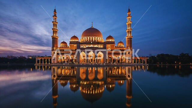 مفهوم العبادة والتقرب إلى الله تعالى، قبب ومآذن المساجد على الطراز الاسلامي، منظر السماء في وقت غروب الشمس، الديكورات والتصاميم الهندسية الدينية المتميزة، نداء المسلمين لأداء الفرائض والصلوات