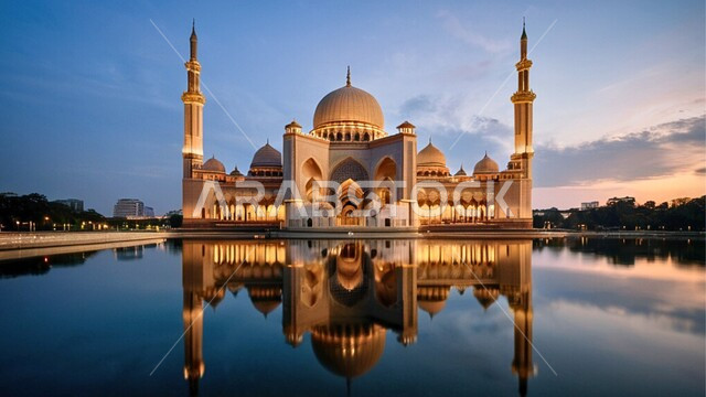 قبب ومآذن المساجد على الطراز الاسلامي، مفهوم العبادة والتقرب إلى الله تعالى، منظر السماء في وقت غروب الشمس، الديكورات والتصاميم الهندسية الدينية المتميزة، نداء المسلمين لأداء الفرائض والصلوات