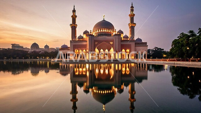 مآذن وقبب المساجد على الطراز الاسلامي، مفهوم العبادة والتقرب إلى الله تعالى، منظر السماء في وقت غروب الشمس، الديكورات والتصاميم الهندسية الدينية المتميزة، نداء المسلمين لأداء الفرائض والصلوات