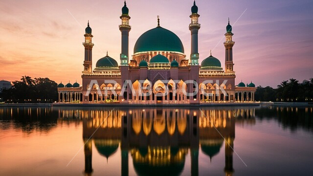 قبب ومآذن المساجد على الطراز الاسلامي، نداء المسلمين لأداء الفرائض والصلوات، الديكورات والتصاميم الهندسية الدينية المتميزة، منظر السماء في وقت غروب الشمس، مفهوم العبادة والتقرب إلى الله تعالى
