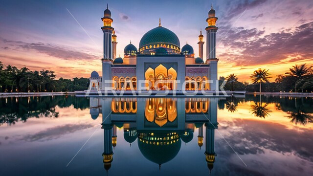 مآذن و قبب المساجد على الطراز الاسلامي، نداء المسلمين لأداء الفرائض والصلوات، الديكورات والتصاميم الهندسية الدينية المتميزة، منظر السماء في وقت غروب الشمس، مفهوم العبادة والتقرب إلى الله تعالى