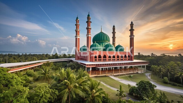 منظر السماء في وقت غروب الشمس، مفهوم العبادة والتقرب إلى الله تعالى، مآذن و قبب المساجد على الطراز الاسلامي، نداء المسلمين لأداء الفرائض والصلوات، التصاميم والديكورات الهندسية الدينية المتميزة