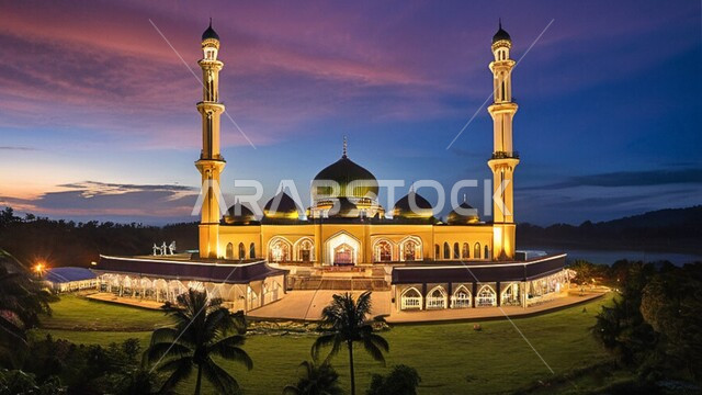 مشهد السماء في وقت غروب الشمس، مفهوم العبادة والتقرب إلى الله تعالى، مآذن و قبب المساجد على الطراز الاسلامي، نداء المسلمين لأداء الفرائض والصلوات، التصاميم والديكورات الهندسية الدينية المتميزة