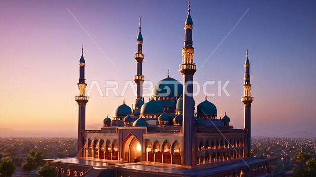 مفهوم العبادة والتقرب إلى الله تعالى، مآذن و قبب المساجد على الطراز الاسلامي، نداء المسلمين لأداء الفرائض والصلوات، التصاميم والديكورات الهندسية الدينية المتميزة، مشهد السماء في وقت غروب الشمس