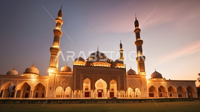 Minarets and domes of mosques in the Islamic style < The call of Muslims to perform the duties and prayers, the distinctive religious engineering designs and decorations, the view of the sky at sunset, worship and drawing closer to God Almighty