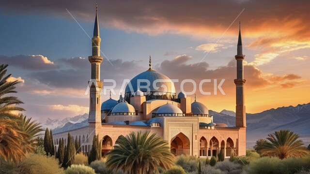  قبب ومآذن المساجد على الطراز الاسلامي, نداء المسلمين لأداء الفرائض والصلوات، التصاميم والديكورات الهندسية الدينية المتميزة، مشهد السماء في وقت غروب الشمس، العبادة والتقرب إلى الله تعالى