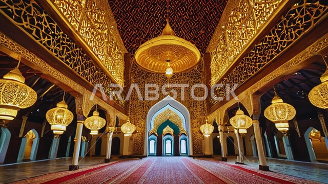 النقوش والزخارف للاعمدة والاقواس على الطراز الاسلامي، الفن الهندسي المعماري لمسجد عربي عريق، التصاميم والديكورات الداخلية الأنيقة للمساجد، العبادة والتقرب إلى الله تعالى