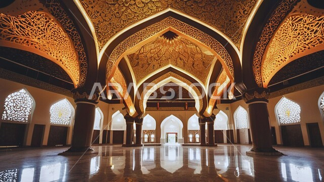 الفن الهندسي المعماري لمسجد عربي عريق، النقوش والزخارف للاعمدة والاقواس على الطراز الاسلامي، التصاميم والديكورات الداخلية الأنيقة للمساجد، العبادة والتقرب إلى الله تعالى