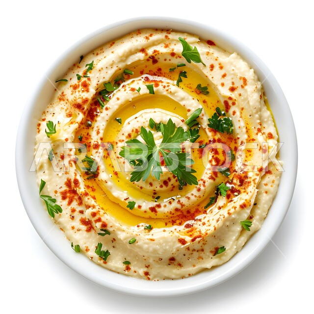 المقبلات النباتية الباردة اللذيذة، صورة مقربة لطبق من الحمص اللذيذ المزين بالتوابل والخضراوات، مأكولات وأطباق شعبية تقليدية، وصفات طعام شرقية عربية سعودية، خلفية بيضاء