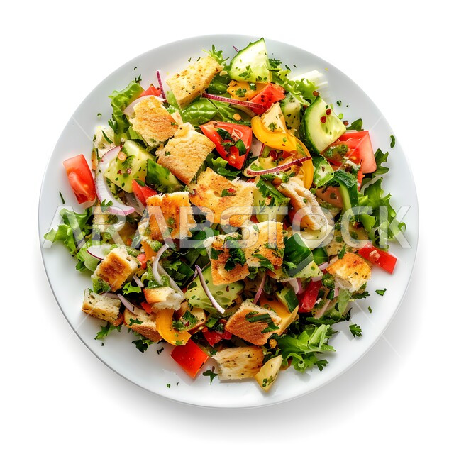 المقبلات والسلطات العربية اللذيذة في المطاعم السعودية, وعاء مليء بقطع الخضراوات والخبز المحمص، أطعمة ومأكولات صحية من المطابخ الشرقية، صورة مقربة لطبق من الفتوش الشهي, خلفية بيضاء