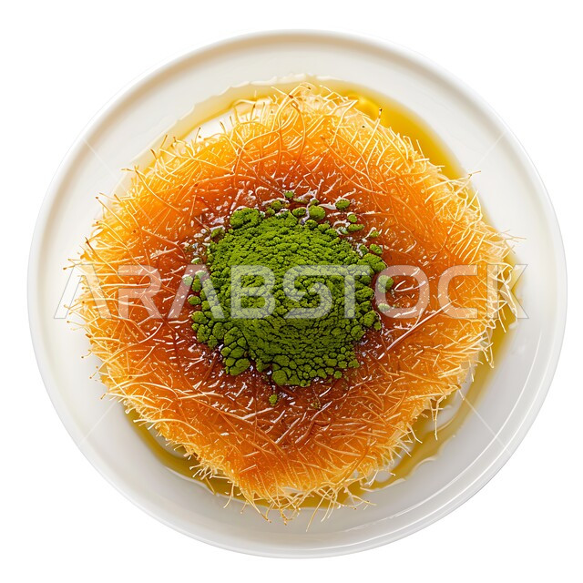 Delicious candy pieces on a white plate, sweets and sugars in sugar, famous oriental recipes, a close-up photo of kunafa dessert stuffed with cream, restaurants and food in the Kingdom of Saudi Arabia, white background