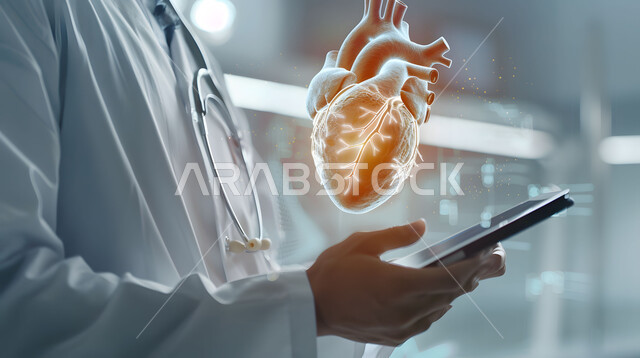 التقدم الرقمي التكنولوجي في الطب، تطور التكنولوجيا في المجال العلمي والصحي، الذكاء الإصطناعي المتقدم في المستشفيات، الرؤية السعودية المستقبلية 2030, صورة مقربة من الجانب لطبيب عربي خليجي سعودي يحمل بيده جهاز التابلت ينظر إلى صورة قلب بتقنية الهولوجرام