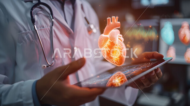 الذكاء الإصطناعي المتقدم في المستشفيات، الرؤية السعودية المستقبلية 2030, التقدم الرقمي التكنولوجي في الطب، تطور التكنولوجيا في المجال العلمي والصحي، صورة مقربة من الجانب لطبيب عربي خليجي سعودي يحمل بيده جهاز التابلت ينظر إلى صورة قلب بتقنية الهولوجرام