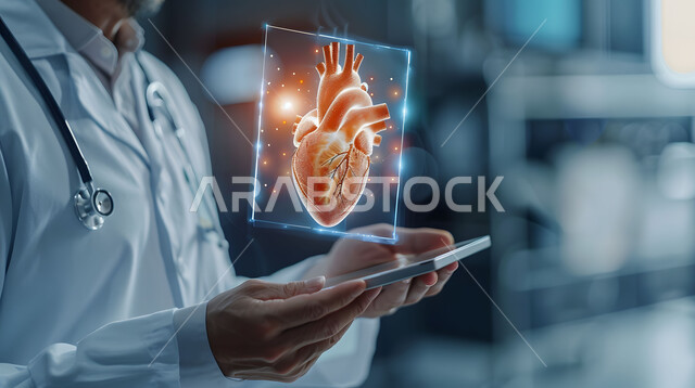 Advanced artificial intelligence in hospitals, the Saudi future vision 2030, digital technological progress in medicine, development of technology in the scientific and health field, a close-up photo from the side of a Saudi Gulf Arab doctor holding a tablet in his hand looking at an image of a heart using hologram technology.