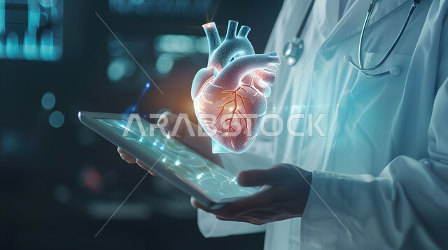 Saudi Future Vision 2030, digital technological progress in medicine, development of technology in the scientific and health fields, advanced artificial intelligence in hospitals, a close-up photo from the side of a Saudi Gulf Arab doctor holding a tablet in his hand looking at an image of a heart with hologram technology