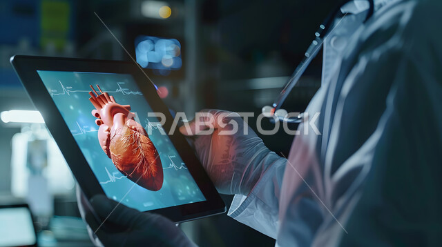 التقدم الرقمي التكنولوجي في الطب، تطور التكنولوجيا في المجال العلمي والصحي، الذكاء الإصطناعي المتقدم في المستشفيات، صورة مقربة من الجانب لطبيب عربي خليجي سعودي يحمل بيده جهاز التابلت ينظر إلى صورة قلب بتقنية الهولوجرام، الرؤية السعودية المستقبلية 2030