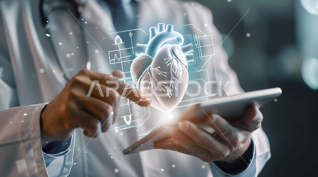 تطور التكنولوجيا في المجال العلمي والصحي، الرؤية السعودية المستقبلية 2030، التقدم الرقمي التكنولوجي في الطب، الذكاء الإصطناعي المتقدم في المستشفيات، صورة مقربة من الجانب لطبيب عربي خليجي سعودي يحمل بيده جهاز التابلت يشير إلى صورة قلب بتقنية الهولوجرام