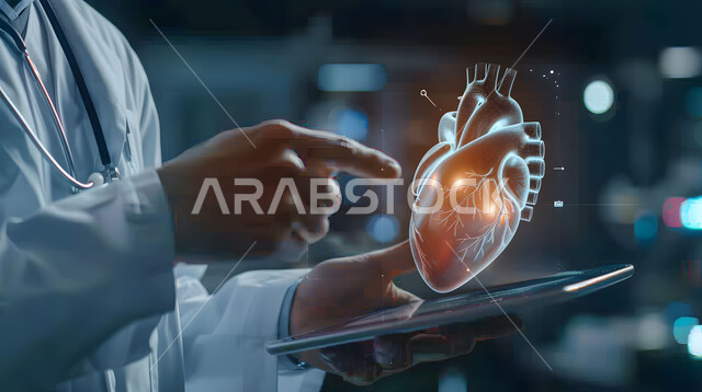 تطور التكنولوجيا في المجال العلمي والصحي، الرؤية السعودية المستقبلية 2030، التقدم الرقمي التكنولوجي في الطب، الذكاء الإصطناعي المتقدم في المستشفيات، صورة مقربة من الجانب لطبيب عربي خليجي سعودي يحمل بيده جهاز التابلت يشير إلى صورة قلب بتقنية الهولوجرام