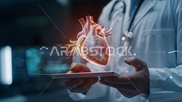 التقدم الرقمي التكنولوجي في الطب، تطور التكنولوجيا في المجال العلمي والصحي، الذكاء الإصطناعي المتقدم في المستشفيات، صورة مقربة من الجانب لطبيب عربي خليجي سعودي يحمل بيده جهاز التابلت ينظر إلى صورة قلب بتقنية الهولوجرام، الرؤية السعودية المستقبلية 2030