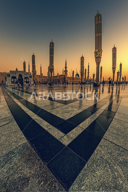 Interior decorations of mosques in Saudi Arabia, a panoramic image of the courtyard of the Prophet's Mosque in Medina at sunset, the concept of worship and drawing closer to God, Islamic architectural art