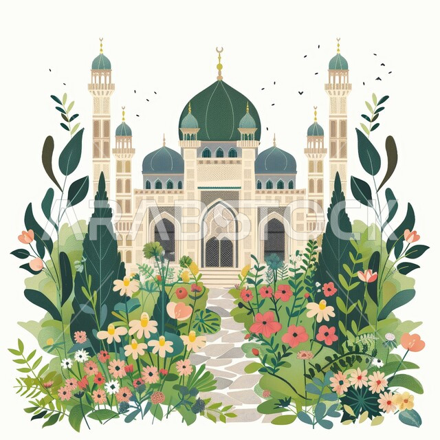 رسومات لتصاميم الفن الهندسي المعماري لجامع إسلامي محاط بالزهور الملونة، مجسمات ثلاثية الابعاد للمساجد والقبب، العبادة والتقرب إلى الله، خلفية زخارف اسلاميه ثري دي، الأجواء الروحانية الدينية, خلفية بيضاء