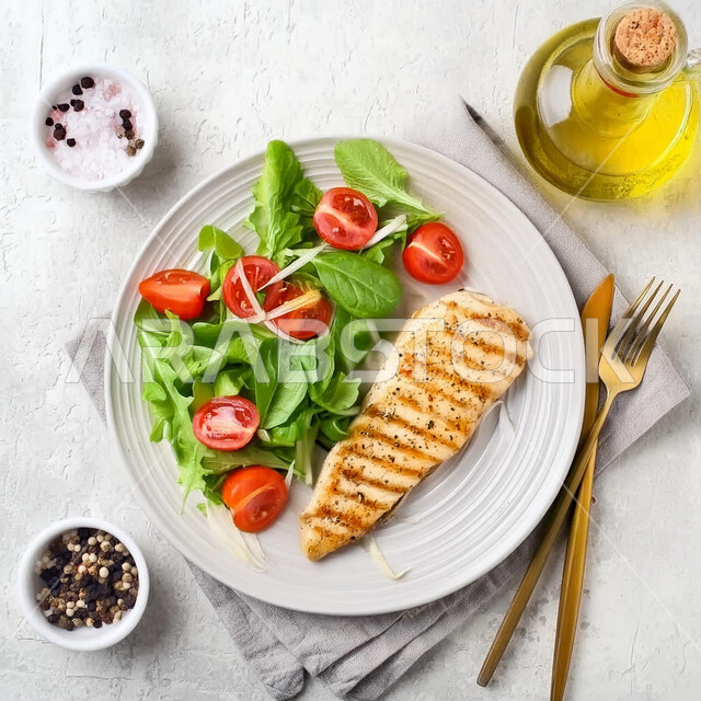 Healthy chicken meals, distinctive dishes and recipes in the kitchens of the Kingdom of Saudi Arabia, delicious oriental Arabic food, fast food restaurants, a picture from the top of a plate of fillet pieces with vegetables, white background.