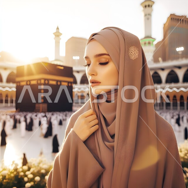 مفهوم العبادة و التقرب الى الله تعالى, صورة مقربة لامراه عربيه خليجية سعودية محجبة تنظر الى شيء ما بتعابير الثقة بالنفس, أداء مناسك الحج و العمرة, أماكن و معالم اسلامية دينية مقدسة, خلفية الكعبة المشرفة في مكة المكرمة