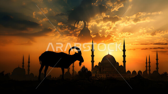 Domes and minarets of ancient mosques, Eid al-Adha sacrifices and offerings, interest in raising livestock, sunset view in natural areas of the Kingdom of Saudi Arabia, silhouette of a goat, Islamic religious backgrounds