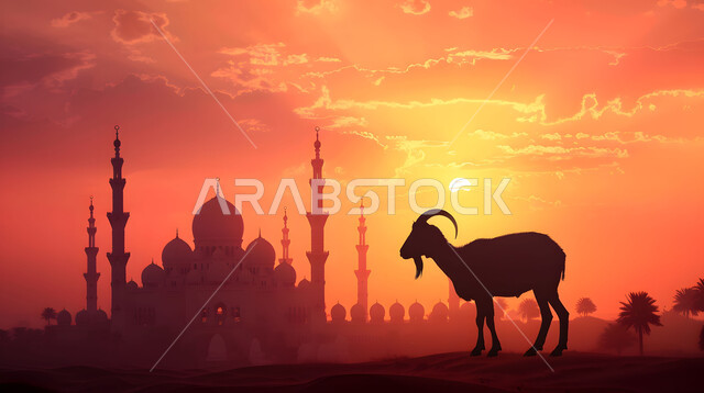  منظر غروب الشمس في المناطق الطبيعية بالمملكة العربية السعودية، تضحيات وقرابين عيد الأضحى، الاهتمام بتربية الماشية،خلفية قبب ومآذن المساجد، صورة ظلية لحيوان الماعز.,خلفيات دينية إسلامية
