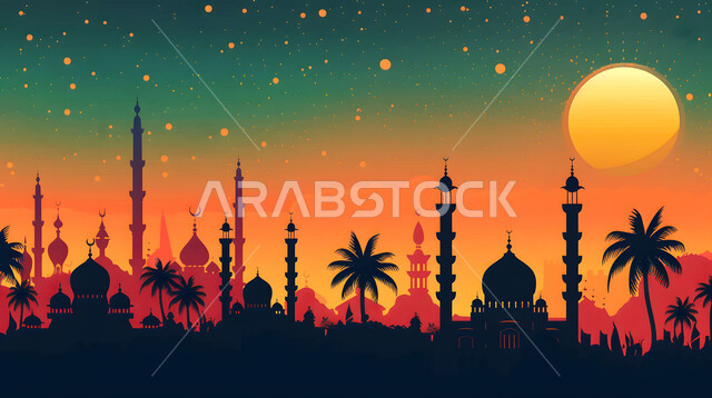 Sunset view in natural areas in the Kingdom of Saudi Arabia, background of domes and minarets of mosques, silhouette of ancient architectural buildings, palm trees surrounding the place, Islamic religious backgrounds