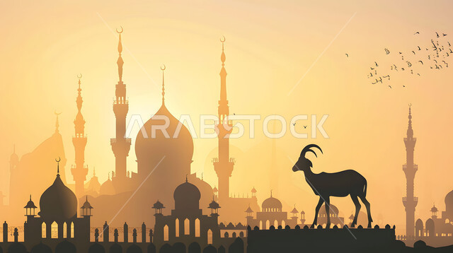 تضحيات وقرابين عيد الأضحى، الاهتمام بتربية الماشية، منظر لشروق الشمس في المناطق الطبيعية بالمملكة العربية السعودية، خلفية قبب ومآذن المساجد، صورة ظلية لحيوان الماعز, خلفيات دينية إسلامية