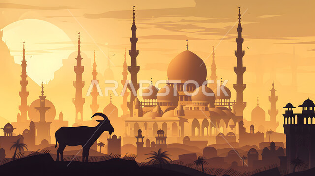 قرابين عيد الأضحى المبارك، الاهتمام بتربية الماشية، منظر لشروق الشمس في المناطق الطبيعية بالمملكة العربية السعودية، خلفية قبب ومآذن المساجد، صورة ظلية لحيوان الماعز, خلفيات دينية إسلامية