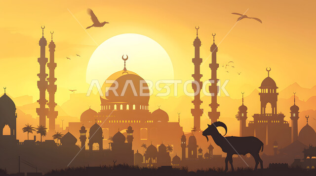  بناء المساجد على الطراز الاسلامي القديم، المناطق الطبيعية بالمملكة العربية السعودية وقت غروب الشمس، صورة ظلية لحيوان الماعز, تربية الماشية والثدييات، خلفيات دينية إسلامية, أضاحي وقرابين عيد الأضحى المبارك