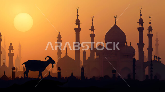  الفن الهندسي المعماري لمآذن وقبب المساجد في الاسلام، المناطق الطبيعية بالمملكة العربية السعودية وقت غروب الشمس، صورة ظلية لحيوان الماعز, تربية الماشية والثدييات، خلفيات دينية إسلامية, أضاحي وقرابين عيد الأضحى المبارك