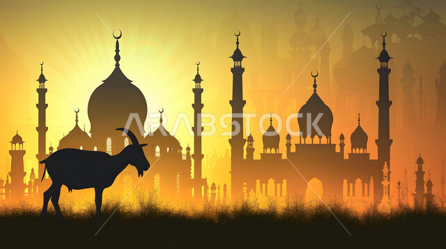  الفن المعماري لمآذن وقبب المساجد في الاسلام، المناطق الطبيعية بالمملكة العربية السعودية وقت غروب الشمس، صورة ظلية لحيوان الماعز, تربية الماشية والثدييات، خلفيات دينية إسلامية, أضاحي وقرابين عيد الأضحى المبارك