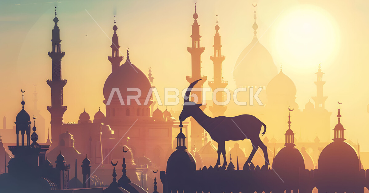 Minarets and majestic domes of Islamic mosques, natural areas in the ...