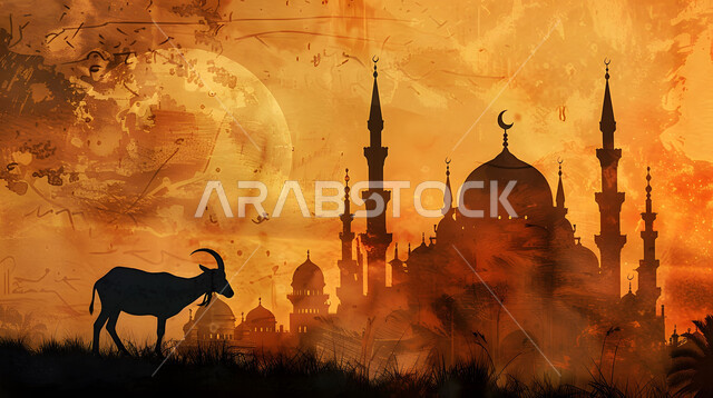 المناطق الطبيعية بالمملكة العربية السعودية وقت غروب الشمس، خلفية قبب ومآذن المساجد، صورة ظلية لحيوان الماعز, تربية الماشية والثدييات، خلفيات دينية إسلامية, أضاحي وقرابين عيد الأضحى المبارك