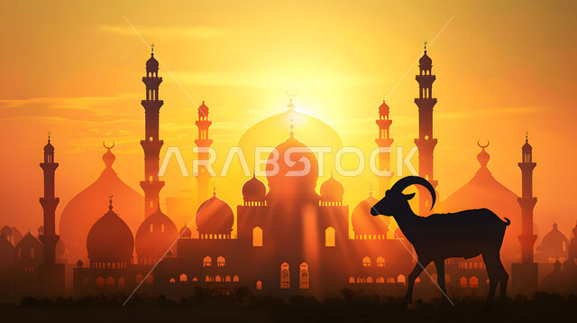 أضاحي عيد الأضحى المبارك، الاهتمام بتربية الماشية، منظر غروب الشمس في المناطق الطبيعية بالمملكة العربية السعودية، خلفية قبب ومآذن المساجد، صورة ظلية لحيوان الماعز, خلفيات دينية إسلامية