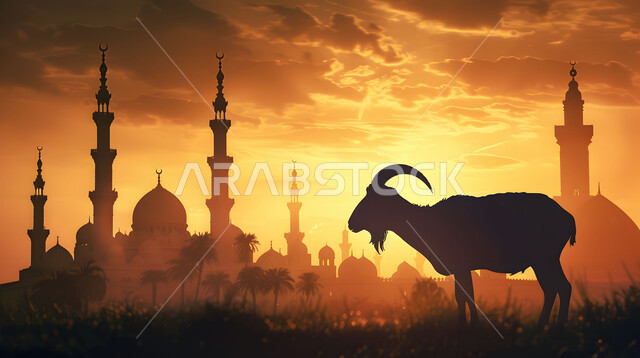 قربان عيد الأضحى المبارك، الاهتمام بتربية الماشية، منظر غروب الشمس في المناطق الطبيعية بالمملكة العربية السعودية، خلفية قبب ومآذن المساجد، صورة ظلية لحيوان الماعز, خلفيات دينية إسلامية