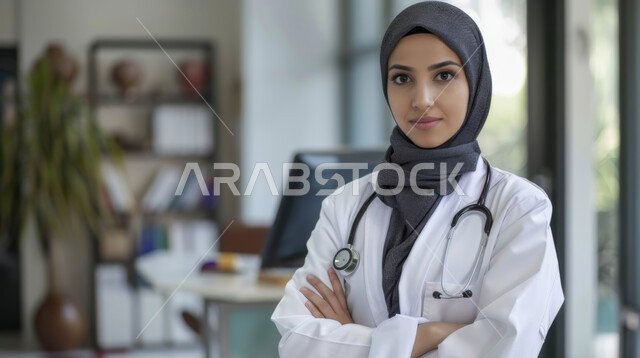 تقديم الرعاية الطبية اللازمة للمرضى, طبيبة عربية سعودية خليجية محجبة تعمل في المستشفى, طبيبة متمرسة بخبرات عالية تلبس البالطو الطبي, الوقوف بإيماءات الثقة بالنفس, العمل في المجال الصحي السعودي