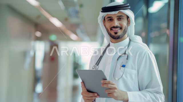 دمج التكنولوجيا الحديثة في المجال الطبي, طبيب عربي خليجي سعودي مبتسم يرتدي الثوب التقليدي والغترة يضع السماعة الطبية حول عنقه, الوقوف والإمساك بالجهاز اللوحي والنظر للكاميرا بإيماءات السرور, العمل في مستشفيات المملكة