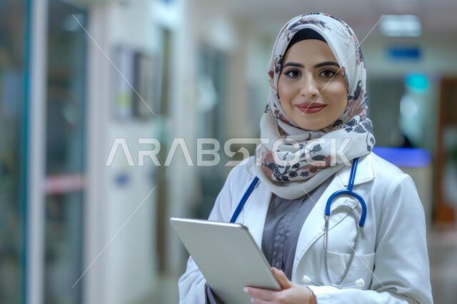 الوقوف والإمساك بالجهاز اللوحي والنظر للكاميرا بإيماءات السرور, دمج التكنولوجيا الحديثة في المجال الطبي, طبيبة عربية خليجية سعودي محجبة ترتدي البالطو الطبي وتضع السماعة الطبية حول عنقها, العمل في مستشفيات المملكة