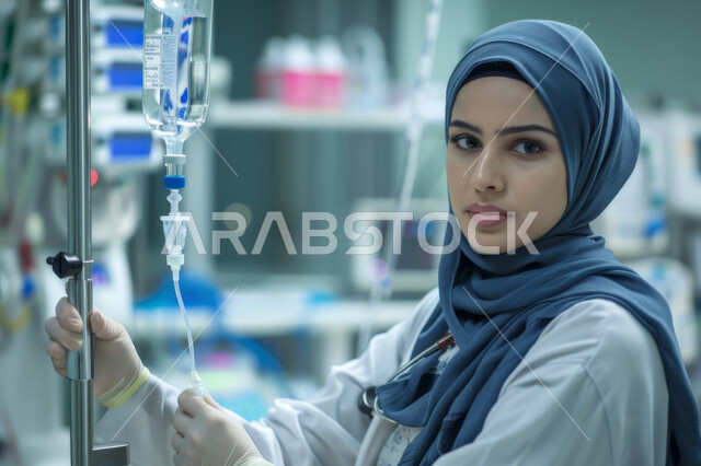 العناية والاهتمام بالمرضى, طبيبة عربية خليجية سعودية محجبة تنظر إلى الكاميرا وتقوم بضبط حقنة الوريد في المستشفى, ارتداء الزي الرسمي في مستشفيات المملكة, العمل في القطاع الطبي الصحي وتقديم العلاجات والخدمات اللازمة