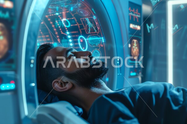 استخدام التكنولوجيا والتقنيات الحديثة في المجال الطبي, الاستفادة من الصور الشعاعية في تشخيص الامراض والحالات النادرة, مفهوم التصوير الشعاعي للمريض, شاب عربي خليجي سعودي مستلقي على سرير الفحص, جهاز التصوير بالرنين المغناطيسي