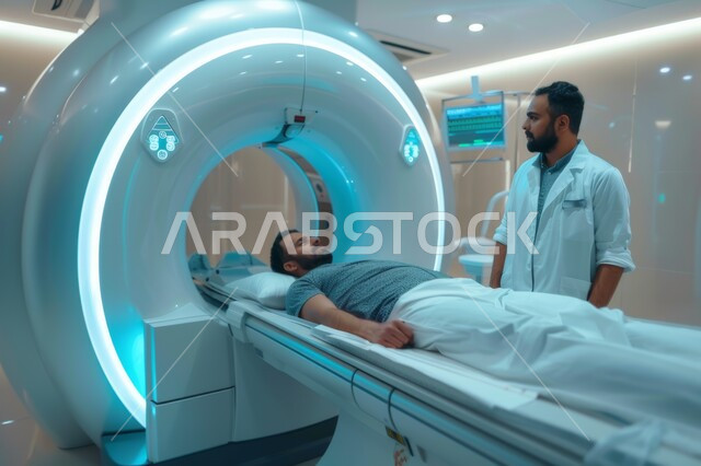 مفهوم التصوير الشعاعي للمريض, شاب عربي خليجي سعودي مستلقي على سرير الفحص, جهاز التصوير بالرنين المغناطيسي, استخدام التكنولوجيا والتقنيات الحديثة في المجال الطبي, الاستفادة من الصور الشعاعية في تشخيص الامراض والحالات الغير واضحة